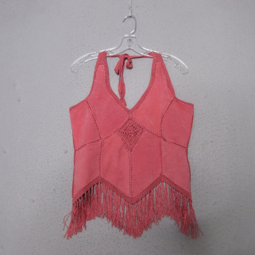 Vintage Metrostyle Halter Top Leather Crochet Fringe Boho Western Festival Y2K